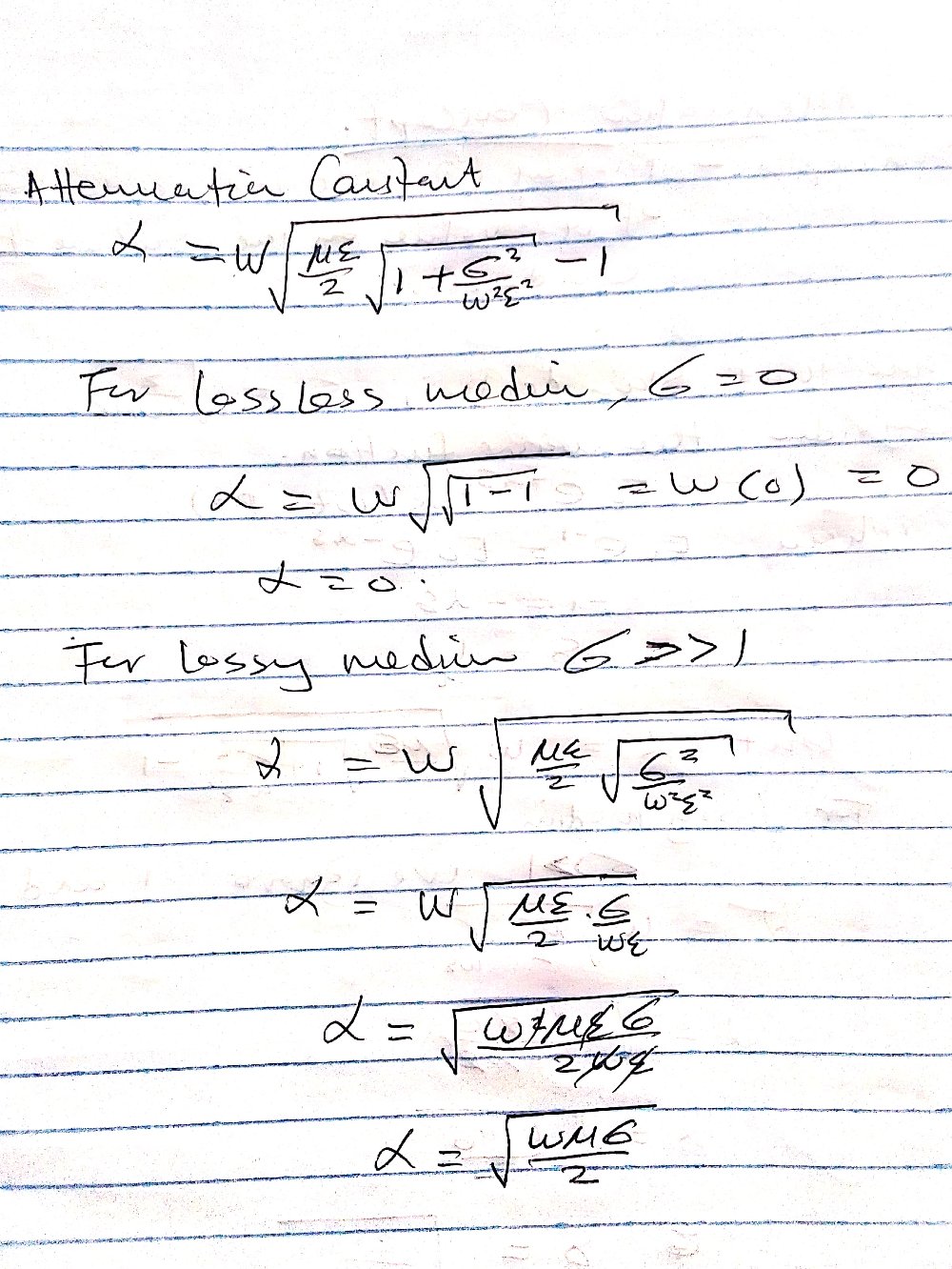 Attenuation constant for Lossy and Lossless medium and  other key points 