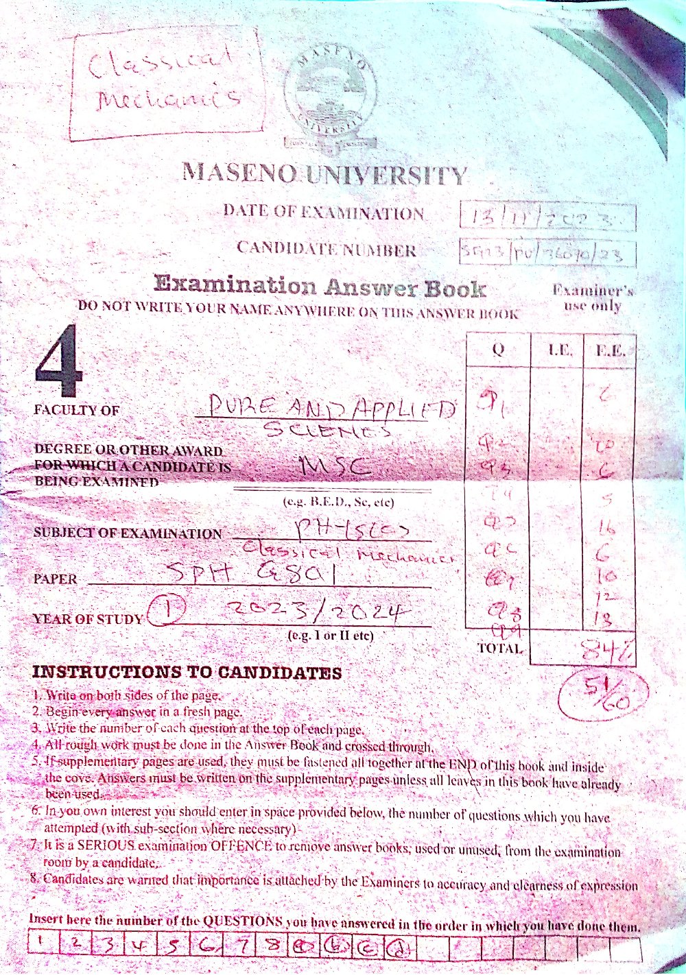 Entry examination to the class of mechanics for Masters Students 